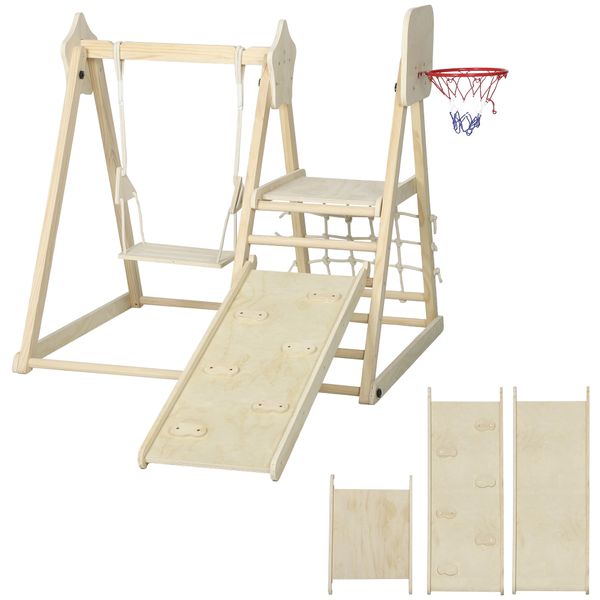 Gioco arrampicata 5 in 1 pieghevole con scivolo, 2 pareti, altalena e canestro, in legno, 140x172.5x116.5 cm - 