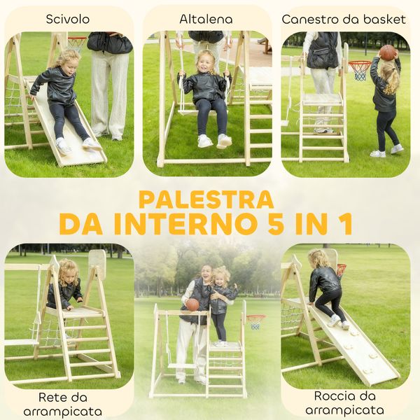 Gioco arrampicata 5 in 1 pieghevole con scivolo, 2 pareti, altalena e canestro, in legno, 140x172.5x116.5 cm - 