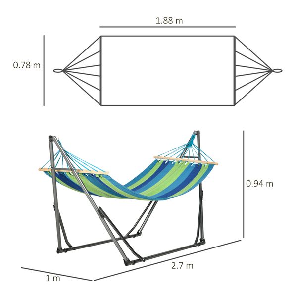 Supporto con amaca autoportante pieghevole in cotone e acciaio, 270x100x94cm - 