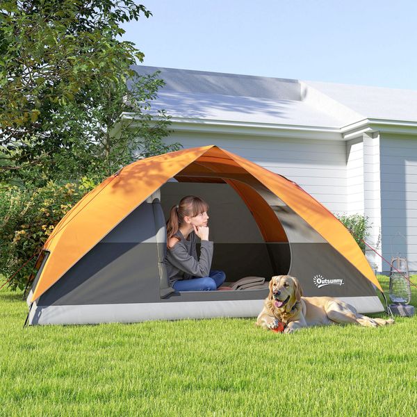 Tenda da campeggio per 3 persone impermeabile con tasche, gancio per lanterna e borsa di trasporto, arancione - 