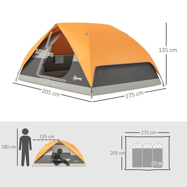 Tenda da campeggio per 3 persone impermeabile con tasche, gancio per lanterna e borsa di trasporto, arancione - 