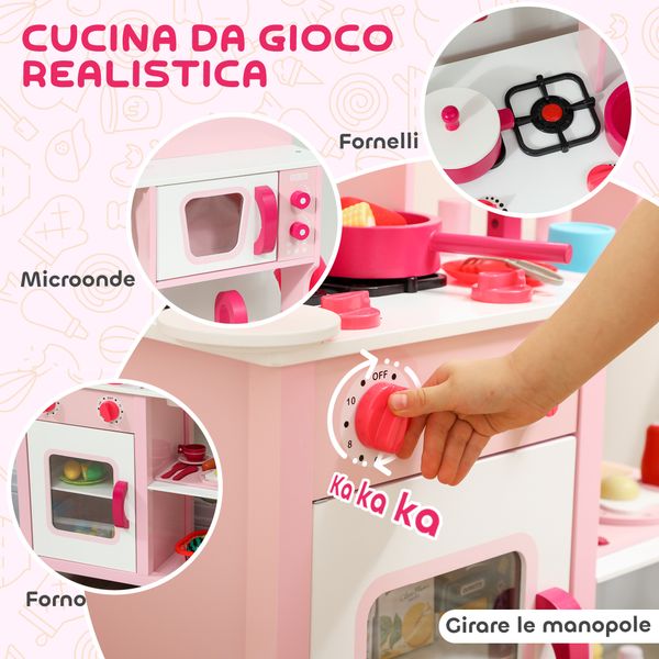 Cucina giocattolo per bambini 3+ anni con microonde, piano cottura e lavandino, in legno, 55x24x86 cm, rosa - 