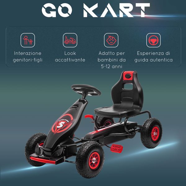 Go kart a pedali per bambini da 5-12 anni con sedile regolabile e ruote in gonfiabili, rosso - 