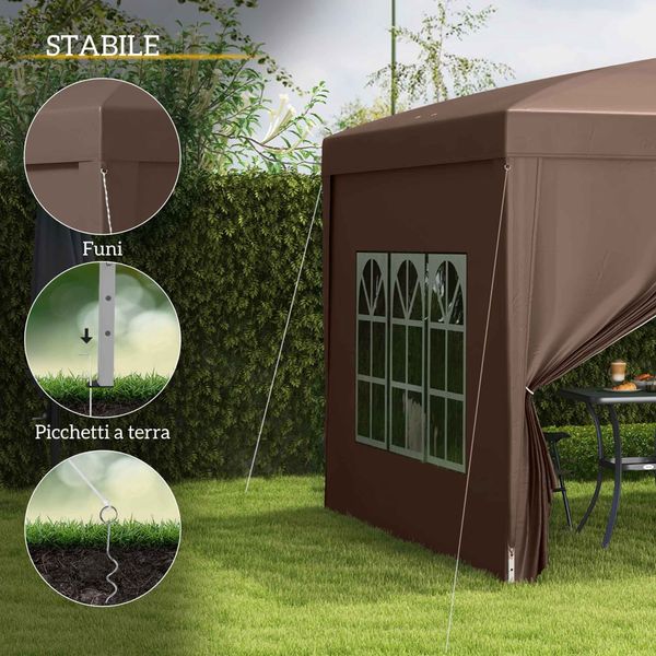 Gazebo da esterno 3x3 m pieghevole con 4 pannelli laterali, in acciaio e tessuto oxford color caffè - 
