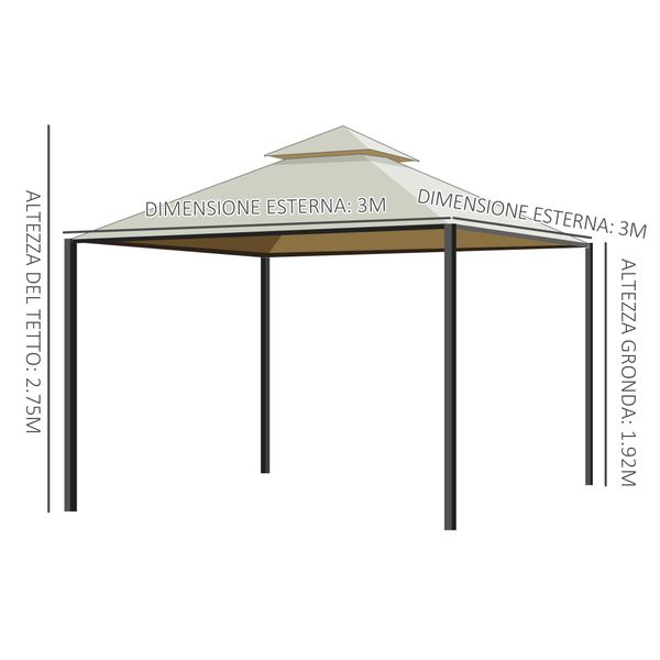 Gazebo da giardino 3 x 3m con 4 tende laterali e doppio tetto beige - 