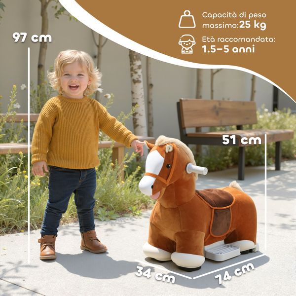 Cavallo elettrico per bambini con pedali, rotelle e suoni, in peluche e metallo, 74x34x51 cm, marrone - 