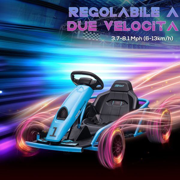 Go-kart elettrico per bambini 8-12 anni con schienale alto e cintura di sicurezza, 115x77x54 cm, blu e nero - 