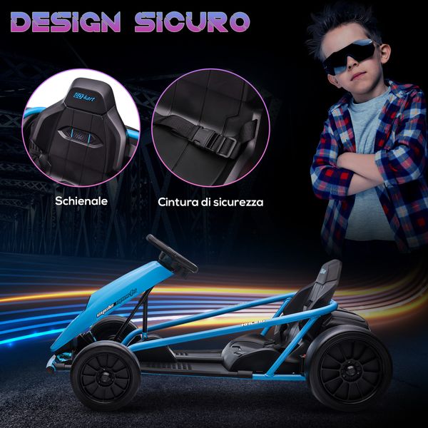 Go-kart elettrico per bambini 8-12 anni con schienale alto e cintura di sicurezza, 115x77x54 cm, blu e nero - 
