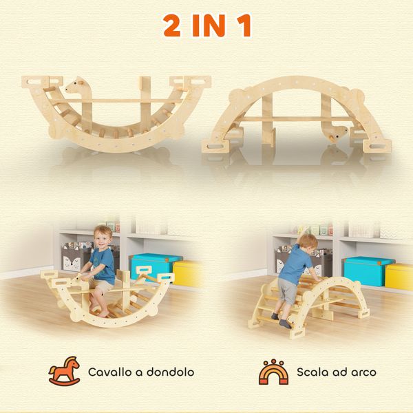 Arco montessori in legno per bambini 2-4 anni convertibile in dondolo 110x52x45 cm, color legno - 