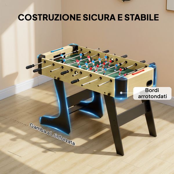 Calcio balilla pieghevole con impugnature antiscivolo, 2 palline e segnapunti, verde e color legno - 