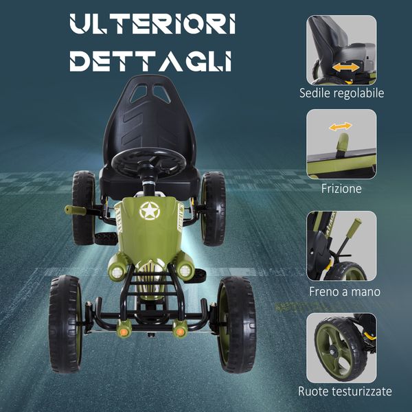 Go kart a pedali per bambini da 3-6 anni con sedile regolabile e freno a mano, verde - 
