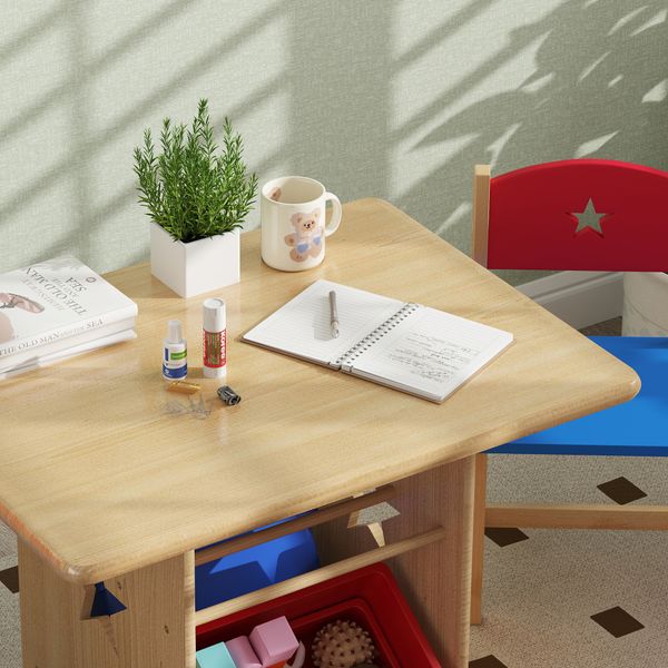 Set tavolo e sedie per bambini 3-7 anni con 2 sedie e tavolo con 4 contenitori, in legno e pp, color legno - 