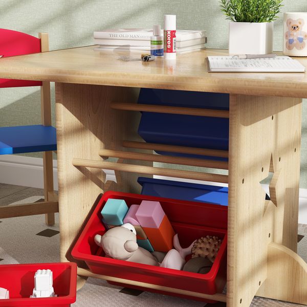 Set tavolo e sedie per bambini 3-7 anni con 2 sedie e tavolo con 4 contenitori, in legno e pp, color legno - 