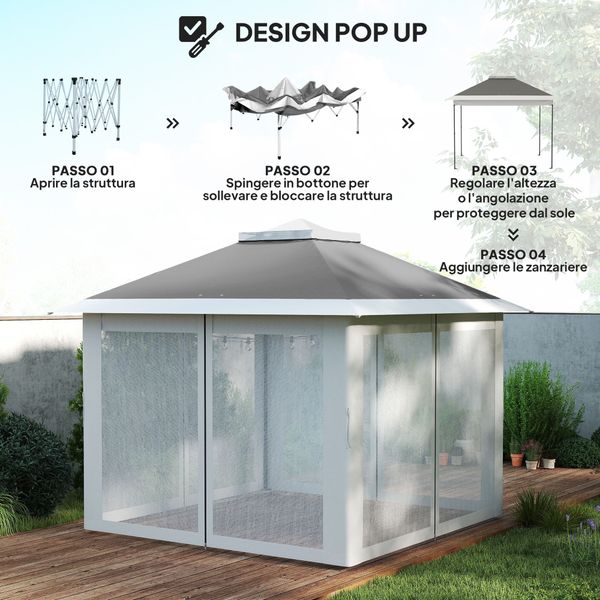 Gazebo da esterno ad altezza regolabile con zanzariere, in metallo e tessuto oxford, 3.3x3.3x2.8 m, grigio scuro - 