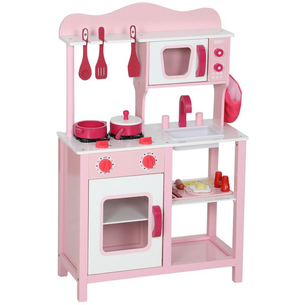 Cucina giocattolo per bambini 3+ anni con microonde, piano cottura e lavandino, in legno, 55x24x86 cm, rosa - 