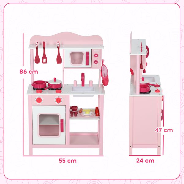 Cucina giocattolo per bambini 3+ anni con microonde, piano cottura e lavandino, in legno, 55x24x86 cm, rosa - 