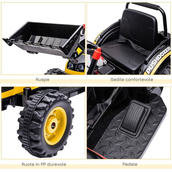 Ruspa giocattolo elettrica per bambini 3-5 anni con pala regolabile, suoni e luci – 2 velocità, retromarcia e cintura di sicurezza - 