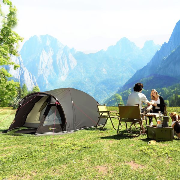 Tenda a tunnel per 2 persone con finestre laterali e gancio, in poliestere 190t e pe, 3.3x1.9x1.2 m, nero - 