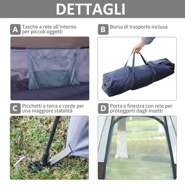 Tenda da campeggio 2 posti con apertura automatica e accessori, in acciaio e tessuto oxford, grigia e nera - 