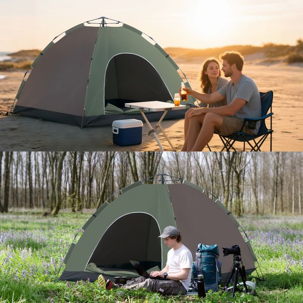 Tenda da campeggio 2 posti con borsa da trasporto, ganci per lampade e tasche portaoggetti, 210x210x135 cm - 