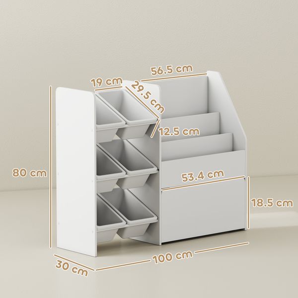Scaffale portagiochi con 6 cesti, 3 ripiani e box inferiore, in legno, plastica e acciaio, 100x30x80 cm, bianco - 