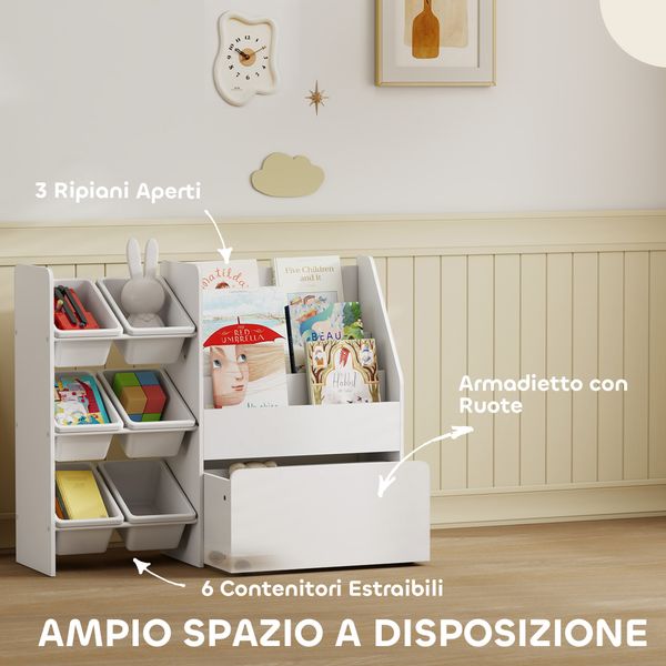 Scaffale portagiochi con 6 cesti, 3 ripiani e box inferiore, in legno, plastica e acciaio, 100x30x80 cm, bianco - 