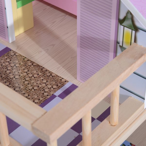 Casa delle bambole per bambini 3+ anni in legno di pino e mdf a 4 piani con 13 accessori, rosa, 60x30x80 cm - 