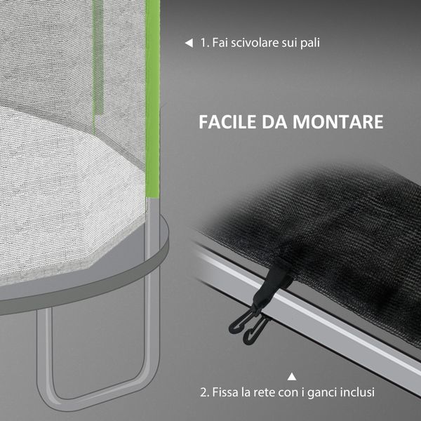 Rete di protezione per trampolini a 8 pali con ingresso con cerniera, in pe, ø366x180 cm, nero e verde - 