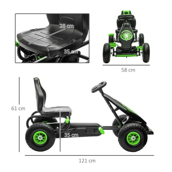 Go kart a pedali per bambini 5-12 anni con sedile regolabile, in metallo e pp 121x58x61 cm, verde e nero - 