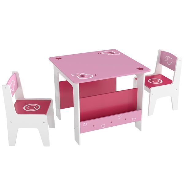 Set tavolo con 2 sedie per bambini 3-8 anni, tavolino con scaffale in legno mdf con disegni a cuori, rosa - 