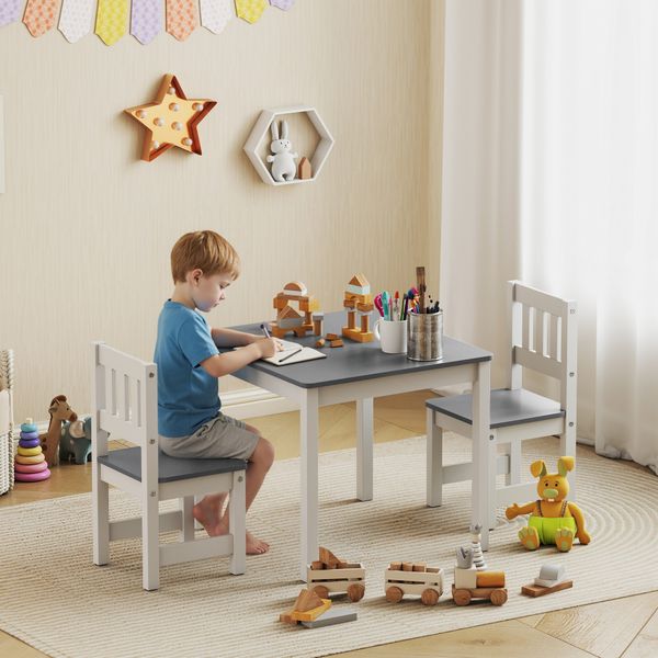 Set tavolo e sedie per bambini da 3-8 anni 3 pz in legno con bordi arrotondati, grigio e bianco - 