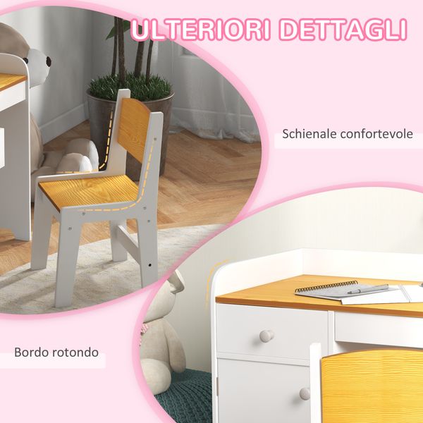 Banco scuola e sedia per bambini da 3-6 anni con cassetto e armadietto in legno bianco - 