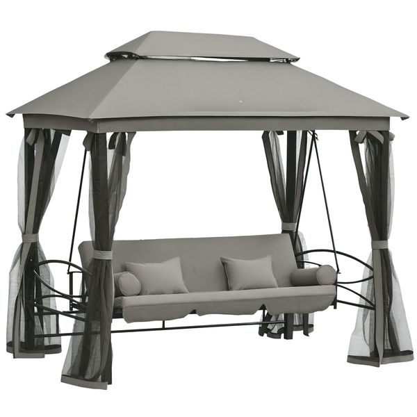 Dondolo da giardino 3 posti lettino e gazebo design 3 in 1 con tettuccio, 256x172x248 cm, grigio scuro - 