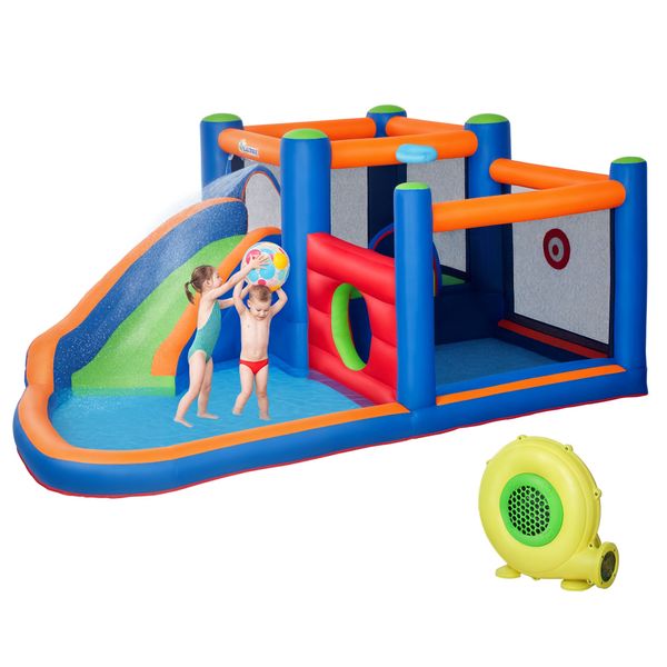 Castello gonfiabile per bambini 3-8 anni con scivolo, trampolino e piscina, 380x340x170cm - 