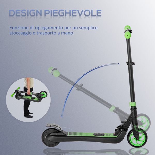 Monopattino elettrico pieghevole per bambini 6+ anni ad altezza regolabile, 71x36.5x75-80 cm, nero e verde - 