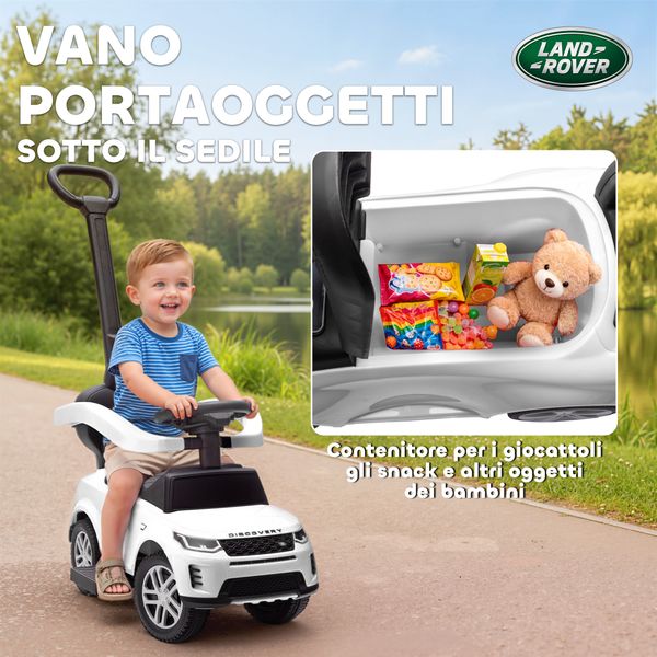 Macchina cavalcabile licenza land rover con maniglia e barriera, in pp e acciaio, 84x40x94.5 cm, bianco - 