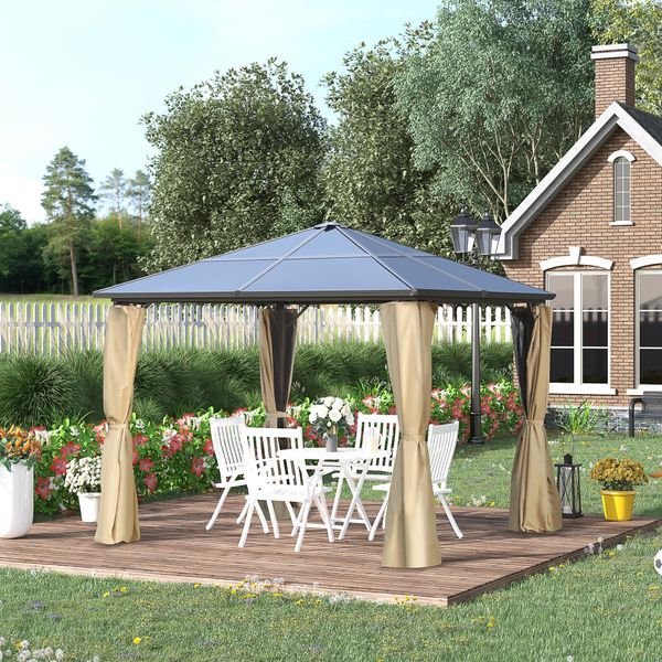 Gazebo da giardino 3x3m con tetto in policarbonato e zanzariere, caffè e khaki - 