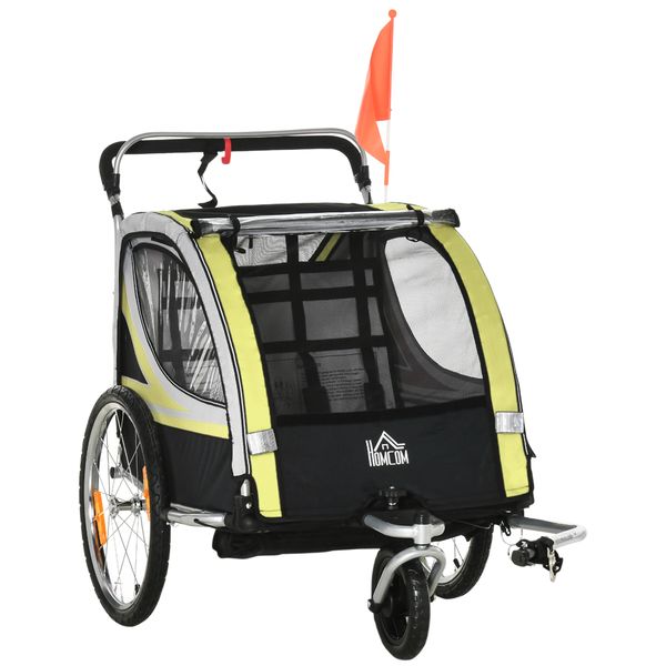 Rimorchio bici 2-in-1 per bimbi/passeggino con freno, cintura 5 punti, tasche, catarifrangenti, bandierina. giallo - 