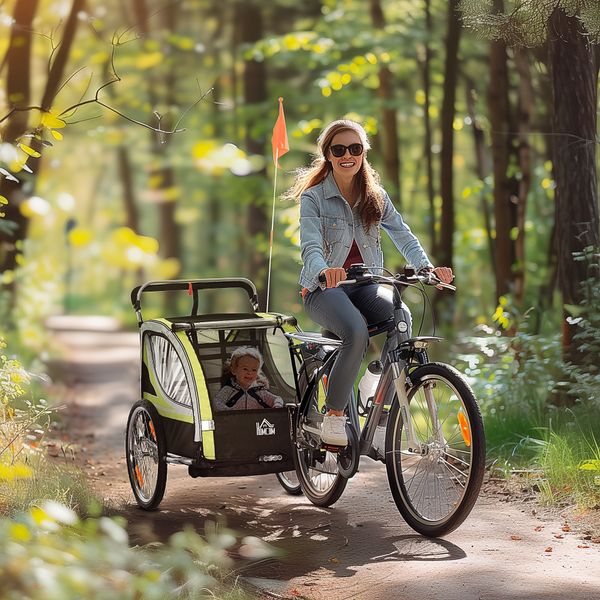 Rimorchio bici 2-in-1 per bimbi/passeggino con freno, cintura 5 punti, tasche, catarifrangenti, bandierina. giallo - 