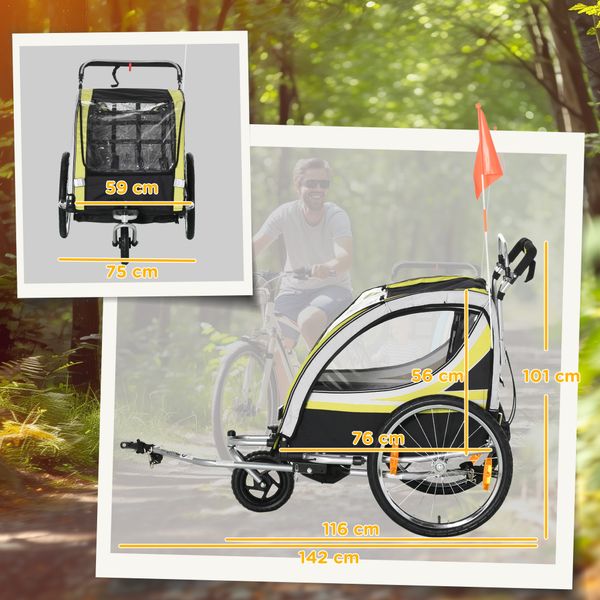 Rimorchio bici 2-in-1 per bimbi/passeggino con freno, cintura 5 punti, tasche, catarifrangenti, bandierina. giallo - 