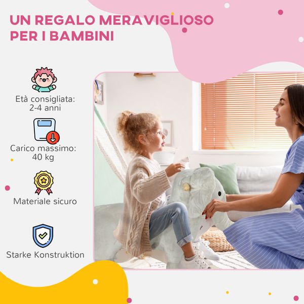 Cavallo a dondolo per bambini 2-4 anni a forma di elefante con suoni e rivestimento morbido, grigio - 