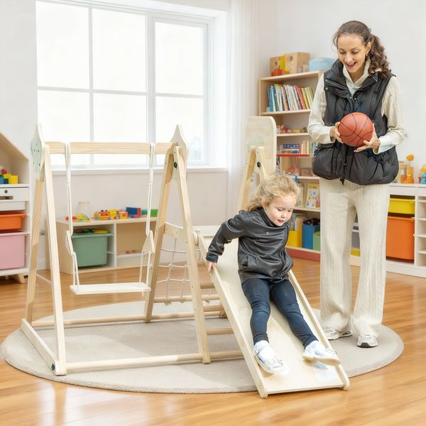 Gioco arrampicata 5 in 1 pieghevole con scivolo, 2 pareti, altalena e canestro, in legno, 140x172.5x116.5 cm - 