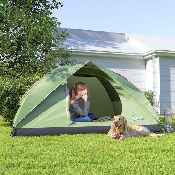 Tenda da campeggio per 3 persone impermeabile con tasche, gancio per lanterna e borsa di trasporto, verde - 