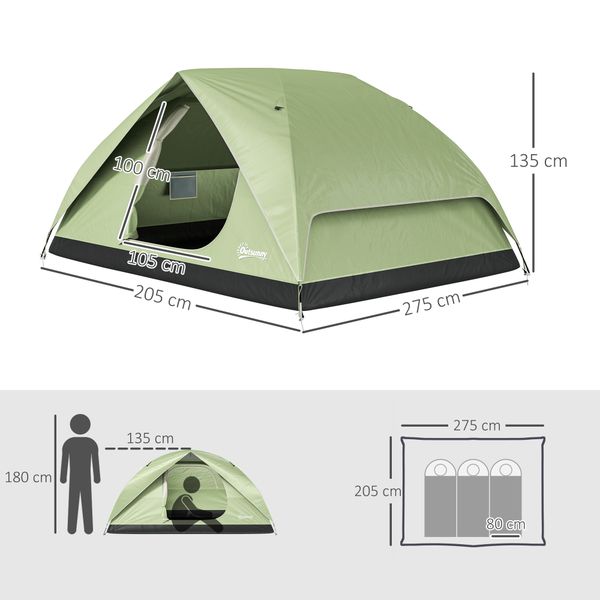 Tenda da campeggio per 3 persone impermeabile con tasche, gancio per lanterna e borsa di trasporto, verde - 