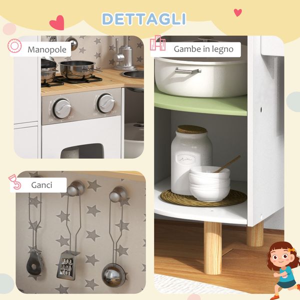 Cucina giocattolo per bambini 3-6 anni con macchina del ghiaccio e utensili, 84x34x89 cm, bianco e verde - 