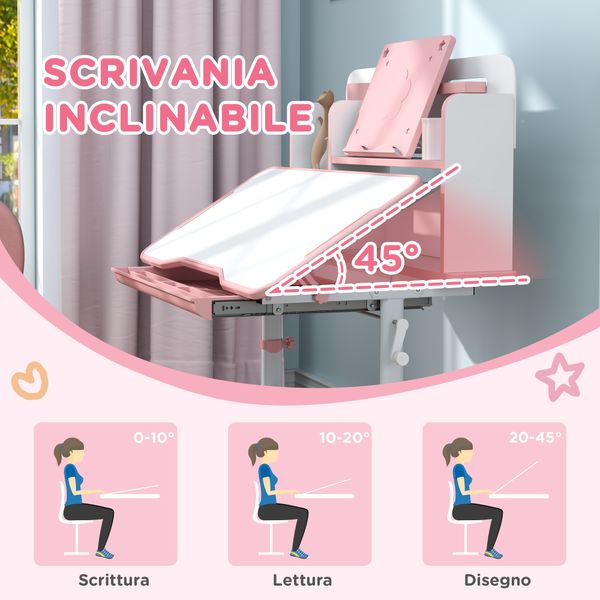 Set scrivania e sedia per bambini regolabili, banco scuola con piano inclinabile, cassetto, scaffale, rosa - 