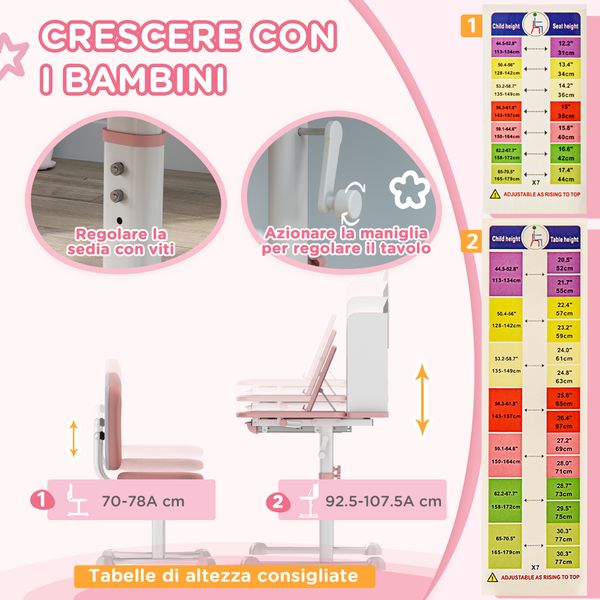 Set scrivania e sedia per bambini regolabili, banco scuola con piano inclinabile, cassetto, scaffale, rosa - 