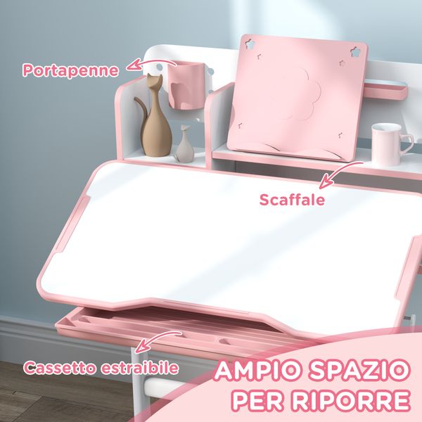 Set scrivania e sedia per bambini regolabili, banco scuola con piano inclinabile, cassetto, scaffale, rosa - 