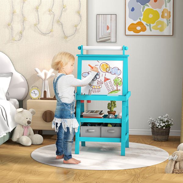Lavagna per bambini con cavalletto 3 in 1, rotolo di carta e 2 contenitori, in legno, 59x48x118 cm, blu - 