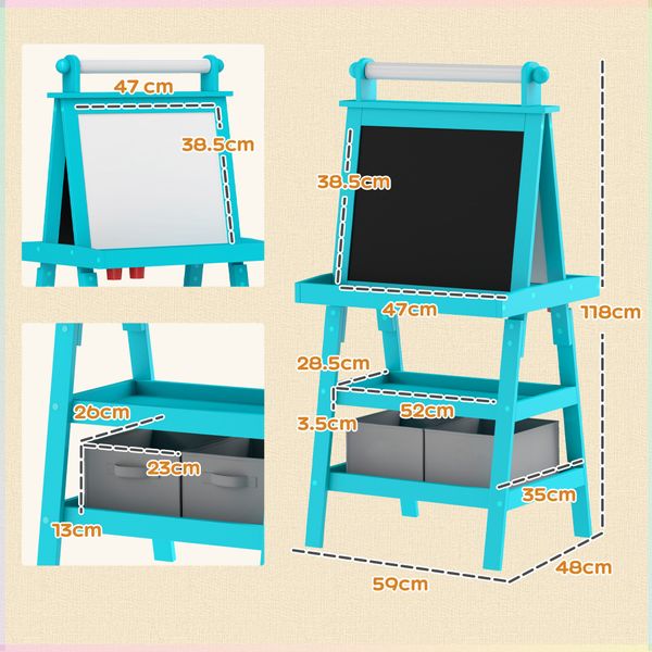 Lavagna per bambini con cavalletto 3 in 1, rotolo di carta e 2 contenitori, in legno, 59x48x118 cm, blu - 